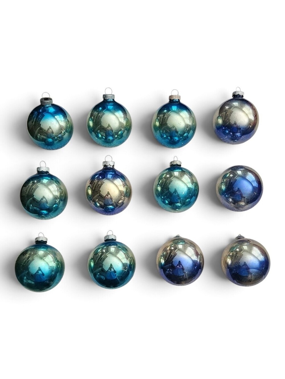 12 Vintage 1960s Shiny Brite Blue Green Ombre Christmas Ornaments